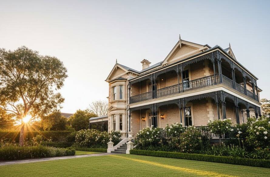 Professional wide-angle shot showcasing the sun-drenched grand entrance and manicured gardens of an Elsternwick luxury real estate property, perfectly framed for 'Elsternwick luxury real estate photography for agents' marketing.