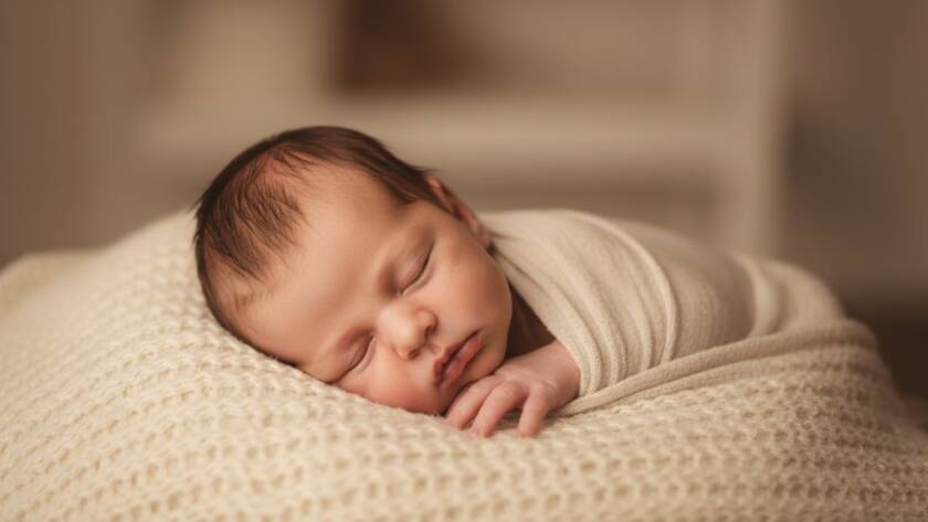 A breathtaking, warm-toned close-up of a sleeping newborn baby swaddled in soft fabrics, with soft, dramatic natural light illuminating their tiny features, capturing Elsternwick newborn baby photography cherished memories.