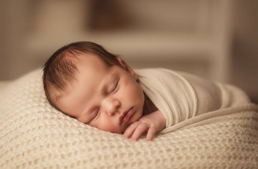 A breathtaking, warm-toned close-up of a sleeping newborn baby swaddled in soft fabrics, with soft, dramatic natural light illuminating their tiny features, capturing Elsternwick newborn baby photography cherished memories.