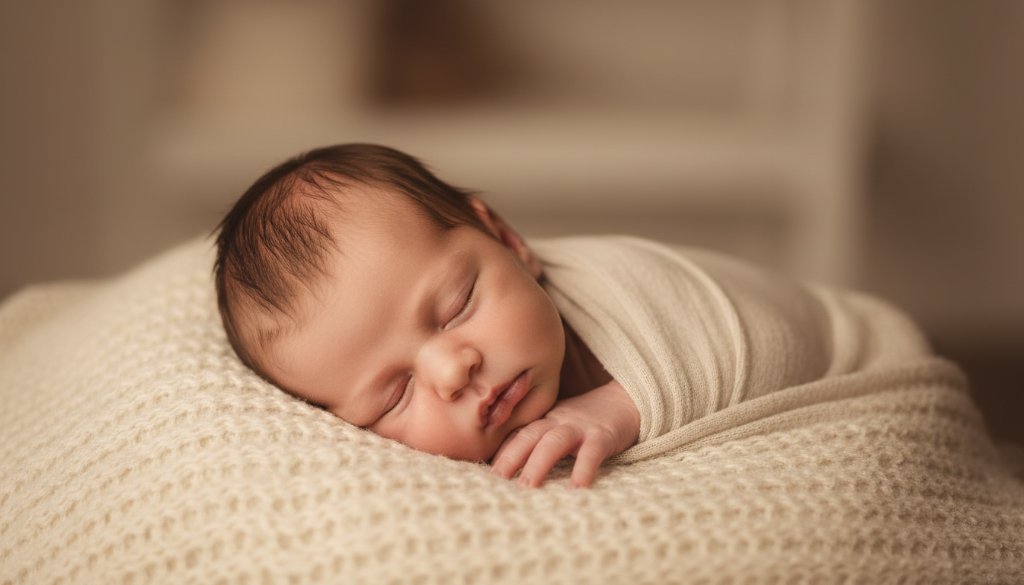A breathtaking, warm-toned close-up of a sleeping newborn baby swaddled in soft fabrics, with soft, dramatic natural light illuminating their tiny features, capturing Elsternwick newborn baby photography cherished memories.