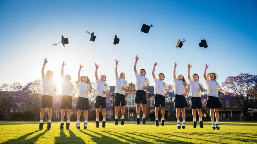 An epic moment of joyful Elsternwick primary school photography for cherished student memories, showing children laughing and throwing graduation caps in the air on a sunny day in a schoolyard, professionally lit and color-graded.