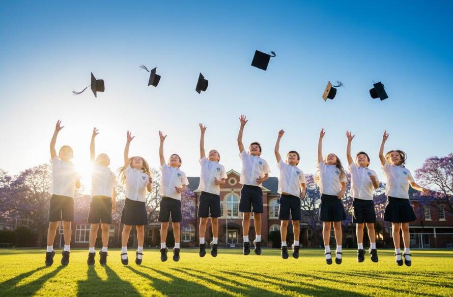 An epic moment of joyful Elsternwick primary school photography for cherished student memories, showing children laughing and throwing graduation caps in the air on a sunny day in a schoolyard, professionally lit and color-graded.