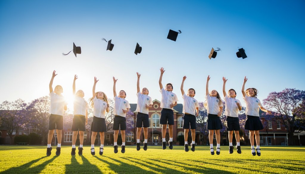 An epic moment of joyful Elsternwick primary school photography for cherished student memories, showing children laughing and throwing graduation caps in the air on a sunny day in a schoolyard, professionally lit and color-graded.