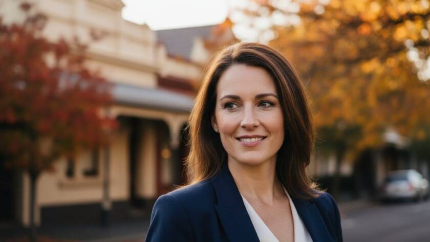 Dynamic close-up portrait of a confident professional in Elsternwick, illuminated by golden hour light against a subtly blurred Elsternwick streetscape, embodying the essence of Elsternwick professional headshots for career success, with a sharp focus on their determined expression.