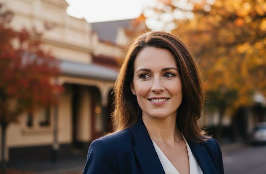 Dynamic close-up portrait of a confident professional in Elsternwick, illuminated by golden hour light against a subtly blurred Elsternwick streetscape, embodying the essence of Elsternwick professional headshots for career success, with a sharp focus on their determined expression.