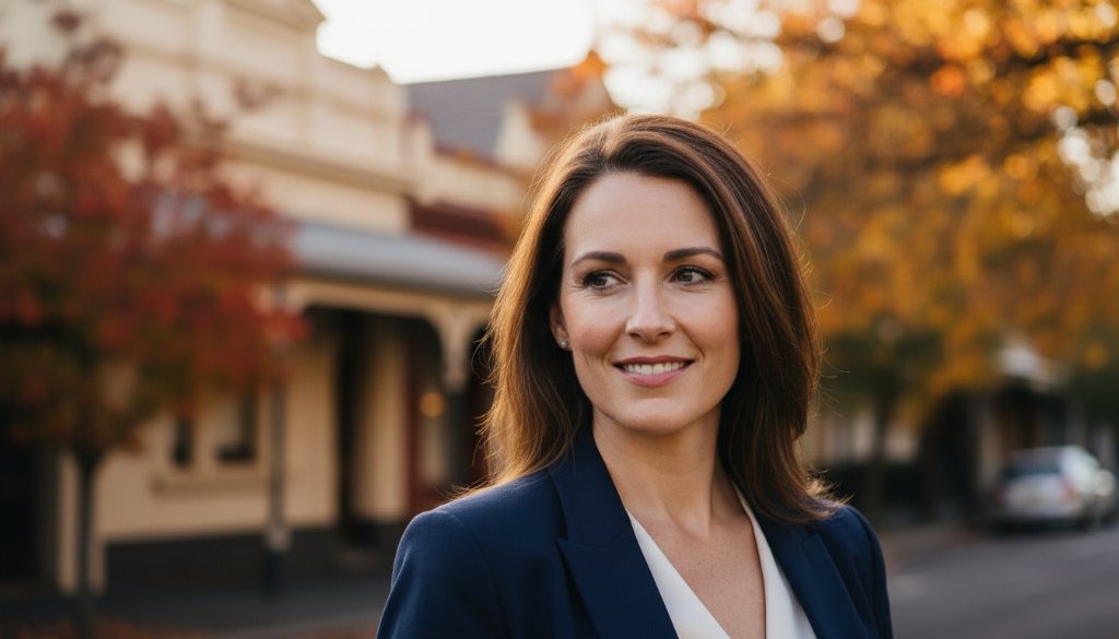Dynamic close-up portrait of a confident professional in Elsternwick, illuminated by golden hour light against a subtly blurred Elsternwick streetscape, embodying the essence of Elsternwick professional headshots for career success, with a sharp focus on their determined expression.