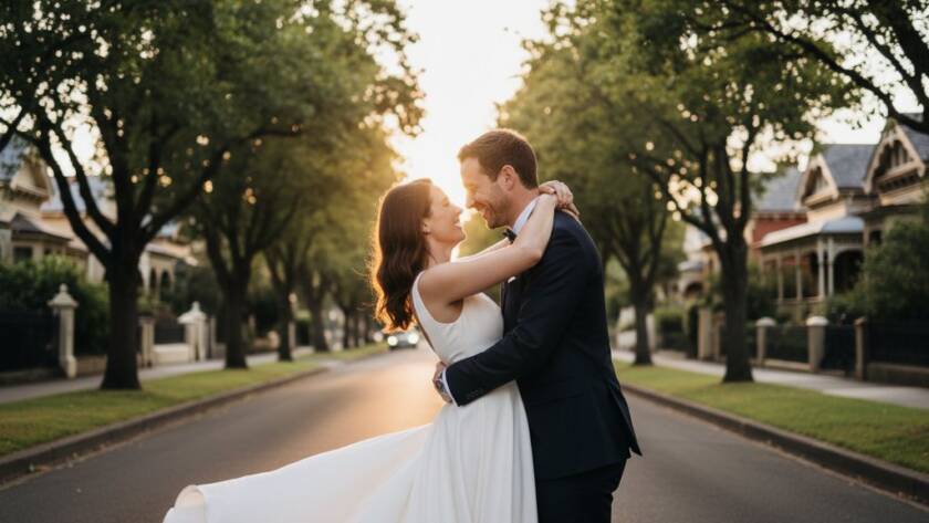 An emotionally resonant, wide-angle photograph capturing the groom seeing the bride for the first time amidst the leafy, historic architecture of Elsternwick, bathed in golden hour light, showcasing Elsternwick Romantic Wedding Photography Expertise with dramatic depth of field and professional color grading.