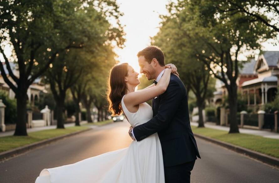 An emotionally resonant, wide-angle photograph capturing the groom seeing the bride for the first time amidst the leafy, historic architecture of Elsternwick, bathed in golden hour light, showcasing Elsternwick Romantic Wedding Photography Expertise with dramatic depth of field and professional color grading.