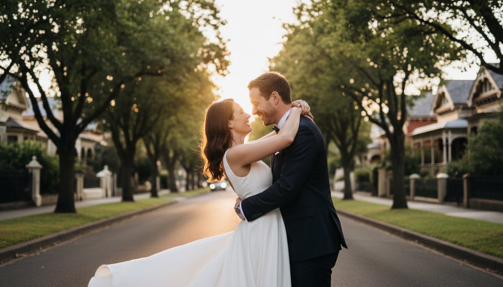 An emotionally resonant, wide-angle photograph capturing the groom seeing the bride for the first time amidst the leafy, historic architecture of Elsternwick, bathed in golden hour light, showcasing Elsternwick Romantic Wedding Photography Expertise with dramatic depth of field and professional color grading.
