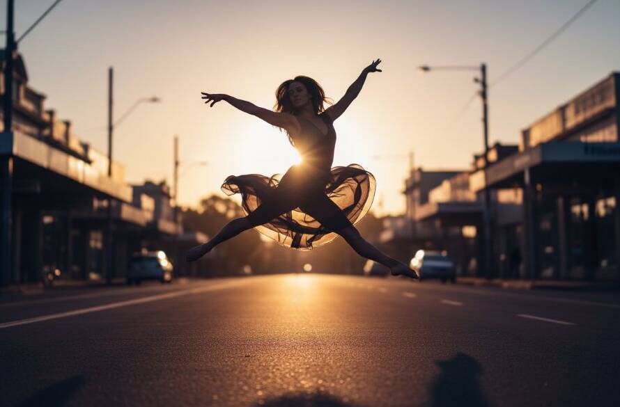 An Elsternwick vibrant dance portraits Victoria shot of a female ballet dancer mid-air in a dramatic leap, illuminated by golden hour light against a soft, blurred urban Elsternwick backdrop, showcasing powerful grace and fluid motion.