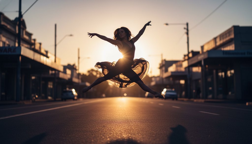 An Elsternwick vibrant dance portraits Victoria shot of a female ballet dancer mid-air in a dramatic leap, illuminated by golden hour light against a soft, blurred urban Elsternwick backdrop, showcasing powerful grace and fluid motion.
