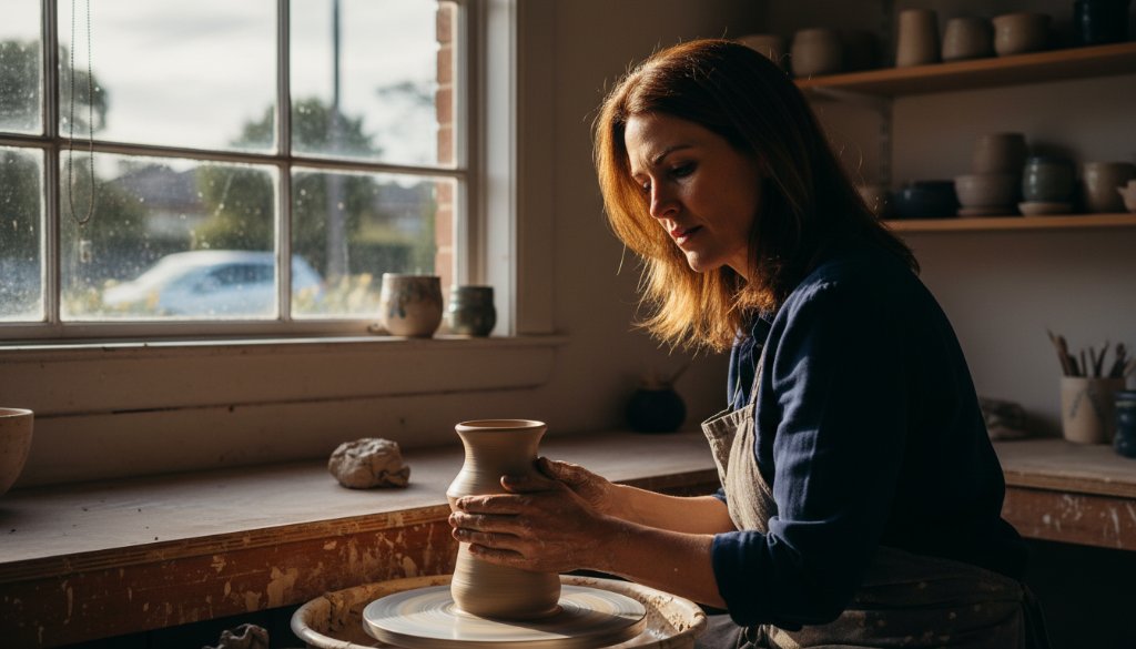 An Elsternwick vibrant editorial photography storytelling shot of a local artisan passionately crafting pottery in a sunlit studio, showcasing authentic talent with dramatic lighting and professional colour grading.
