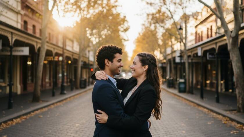 A couple shares a tender, joyous moment during their Elsternwick Village engagement photoshoot Melbourne Victoria, framed by historic architecture and golden hour light, celebrating their love story.