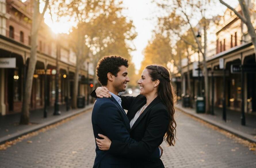 A couple shares a tender, joyous moment during their Elsternwick Village engagement photoshoot Melbourne Victoria, framed by historic architecture and golden hour light, celebrating their love story.