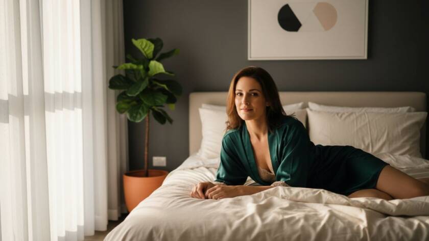 A confident woman in a flowing silk robe, caught in a dramatic ray of morning light filtering through an elegant window in a Laverton home, embodying an 'Embrace Your Radiance: Laverton Boudoir Photography Experience', with a subtle smile and empowered gaze, showcasing professional, cinematic boudoir photography.