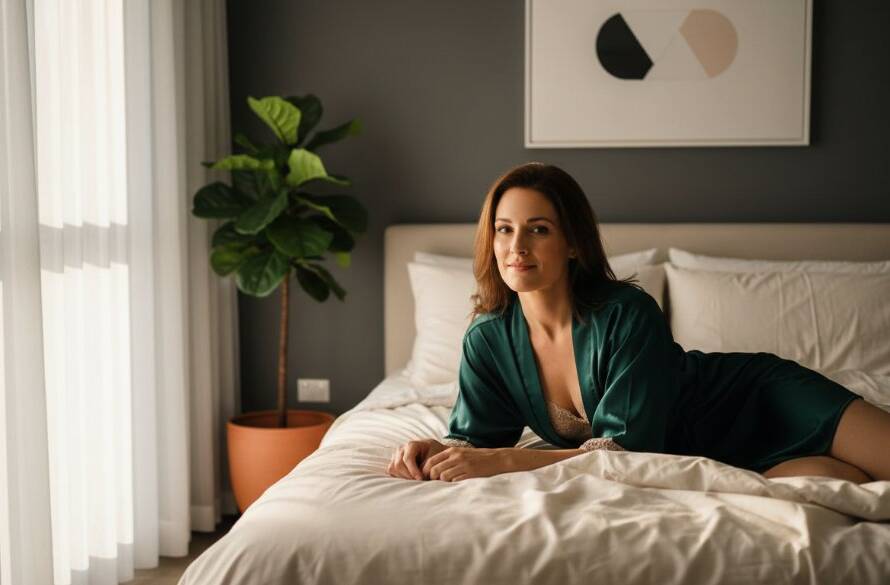 A confident woman in a flowing silk robe, caught in a dramatic ray of morning light filtering through an elegant window in a Laverton home, embodying an 'Embrace Your Radiance: Laverton Boudoir Photography Experience', with a subtle smile and empowered gaze, showcasing professional, cinematic boudoir photography.