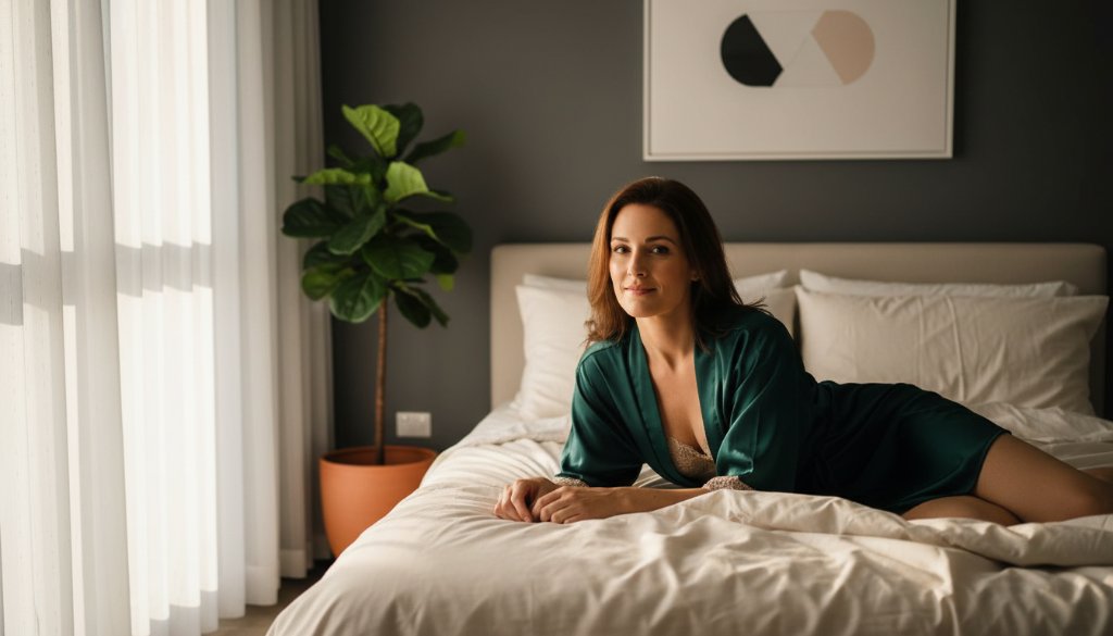 A confident woman in a flowing silk robe, caught in a dramatic ray of morning light filtering through an elegant window in a Laverton home, embodying an 'Embrace Your Radiance: Laverton Boudoir Photography Experience', with a subtle smile and empowered gaze, showcasing professional, cinematic boudoir photography.