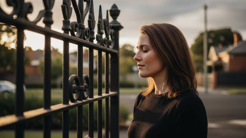 A powerful, dramatically lit fine art portrait capturing a subject's intense emotion against a subtly blurred historic Caulfield North streetscape at dusk, embodying Emotional Fine Art Photography Caulfield North Victoria.