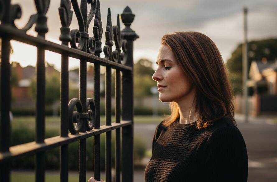 A powerful, dramatically lit fine art portrait capturing a subject's intense emotion against a subtly blurred historic Caulfield North streetscape at dusk, embodying Emotional Fine Art Photography Caulfield North Victoria.