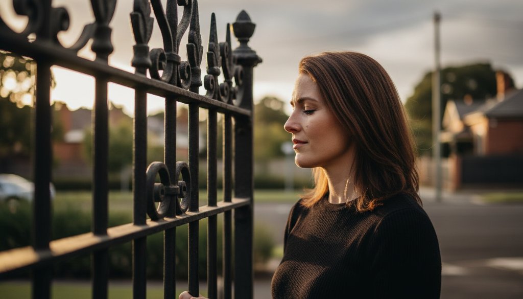 A powerful, dramatically lit fine art portrait capturing a subject's intense emotion against a subtly blurred historic Caulfield North streetscape at dusk, embodying Emotional Fine Art Photography Caulfield North Victoria.
