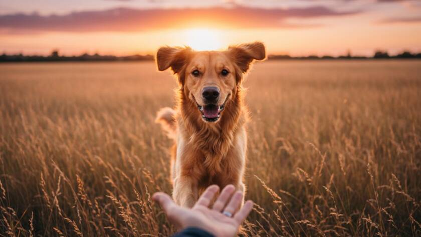 A heartwarming and emotional pet photography Botanic Ridge portrait featuring a golden retriever joyfully leaping through a sun-dappled field at sunset, its fur glowing, with a loving owner's hand gently reaching out. The composition is dynamic, showing the dog's sheer delight in a beautiful Botanic Ridge park, captured with dramatic, professional lighting and rich, cinematic colour grading.