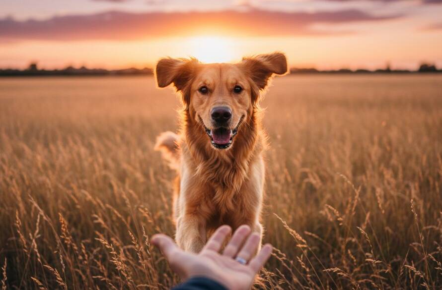 A heartwarming and emotional pet photography Botanic Ridge portrait featuring a golden retriever joyfully leaping through a sun-dappled field at sunset, its fur glowing, with a loving owner's hand gently reaching out. The composition is dynamic, showing the dog's sheer delight in a beautiful Botanic Ridge park, captured with dramatic, professional lighting and rich, cinematic colour grading.