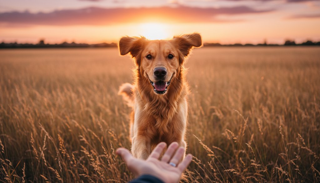 A heartwarming and emotional pet photography Botanic Ridge portrait featuring a golden retriever joyfully leaping through a sun-dappled field at sunset, its fur glowing, with a loving owner's hand gently reaching out. The composition is dynamic, showing the dog's sheer delight in a beautiful Botanic Ridge park, captured with dramatic, professional lighting and rich, cinematic colour grading.