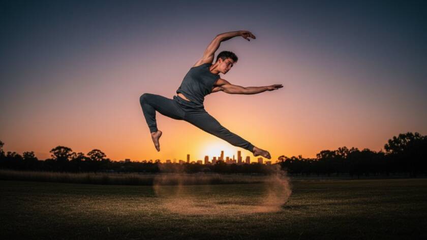 A ballet dancer performing an aerial split leap at sunset, showcasing emotive dance photography Cranbourne East Victoria, with dramatic lighting and a beautiful Cranbourne East park setting.