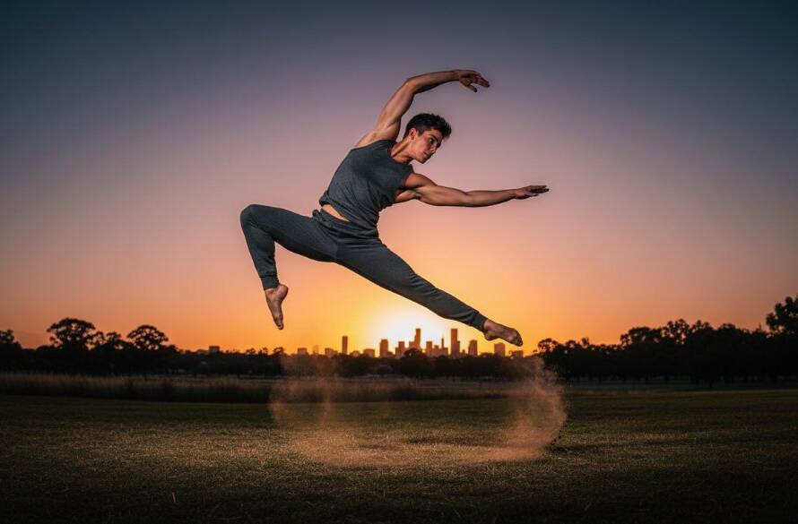 A ballet dancer performing an aerial split leap at sunset, showcasing emotive dance photography Cranbourne East Victoria, with dramatic lighting and a beautiful Cranbourne East park setting.