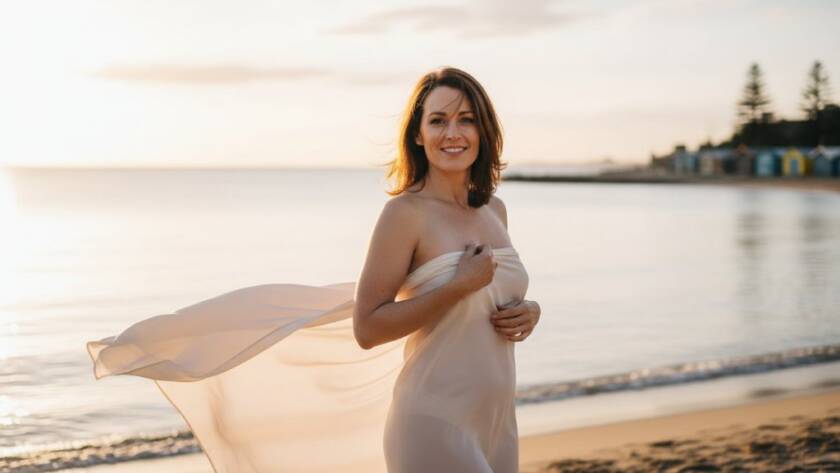 An empowering Bonbeach boudoir portraits Victoria photograph capturing a woman silhouetted against a dramatic sunset on Bonbeach shore, her expression confident and radiant, showcasing strength and natural beauty.