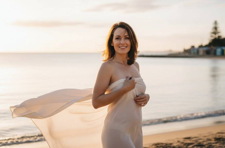 An empowering Bonbeach boudoir portraits Victoria photograph capturing a woman silhouetted against a dramatic sunset on Bonbeach shore, her expression confident and radiant, showcasing strength and natural beauty.