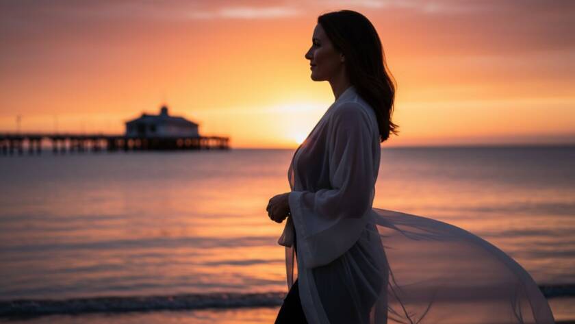 A confident woman enjoying an empowering boudoir photography experience Altona, dramatically posed near Altona Beach at sunset, with soft, golden light highlighting her silhouette against the gentle waves, evoking self-love and elegance.