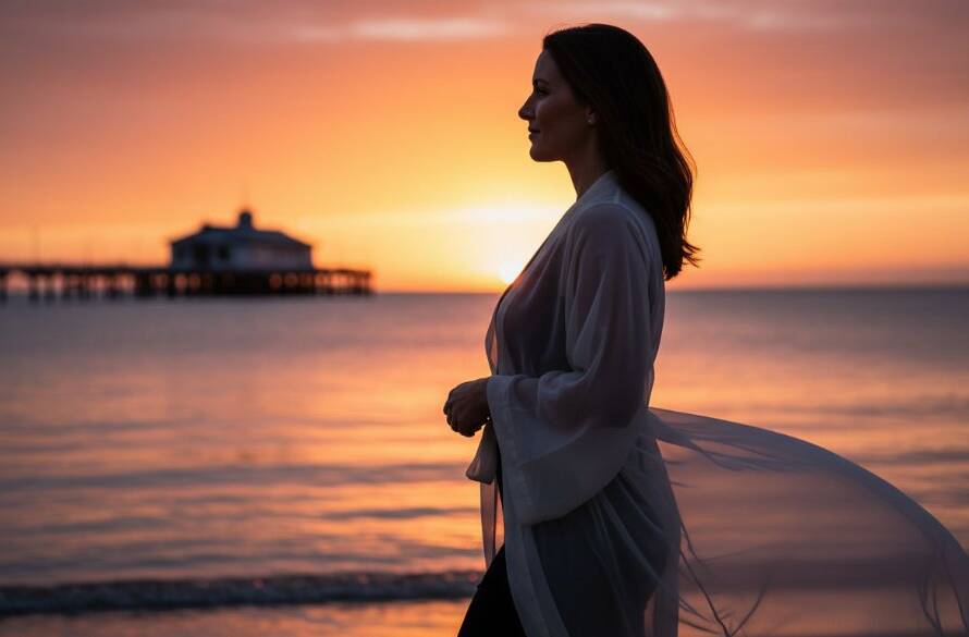 A confident woman enjoying an empowering boudoir photography experience Altona, dramatically posed near Altona Beach at sunset, with soft, golden light highlighting her silhouette against the gentle waves, evoking self-love and elegance.