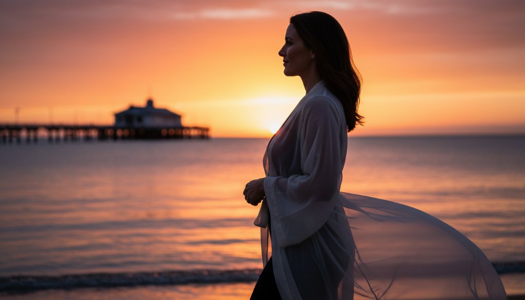 A confident woman enjoying an empowering boudoir photography experience Altona, dramatically posed near Altona Beach at sunset, with soft, golden light highlighting her silhouette against the gentle waves, evoking self-love and elegance.