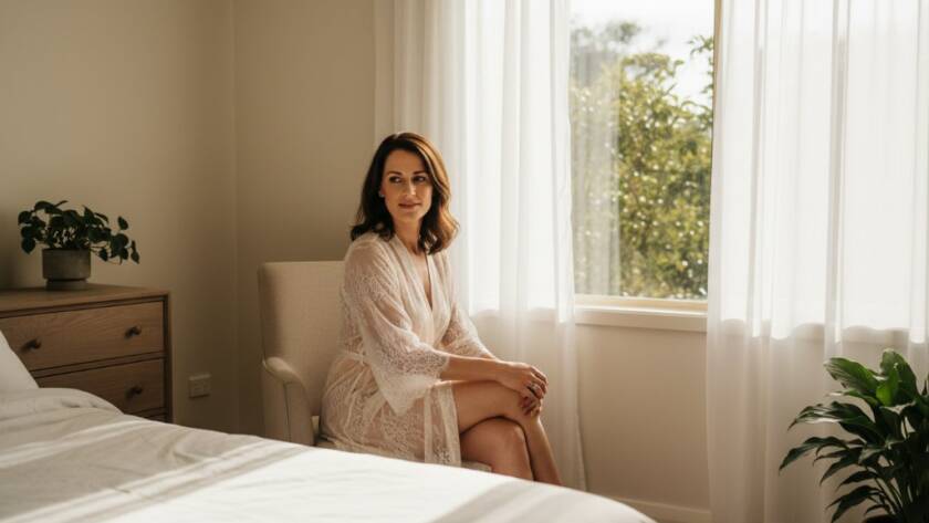 A stunning, soft-focus portrait showcasing a woman's confident and serene gaze during an empowering boudoir photography Bayswater North session, bathed in warm, natural light creating an intimate 'epic moment'.