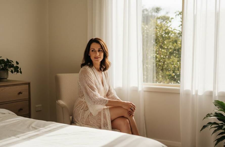 A stunning, soft-focus portrait showcasing a woman's confident and serene gaze during an empowering boudoir photography Bayswater North session, bathed in warm, natural light creating an intimate 'epic moment'.