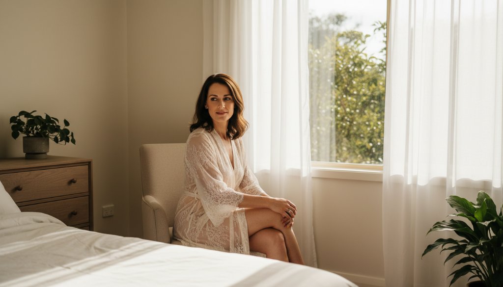 A stunning, soft-focus portrait showcasing a woman's confident and serene gaze during an empowering boudoir photography Bayswater North session, bathed in warm, natural light creating an intimate 'epic moment'.
