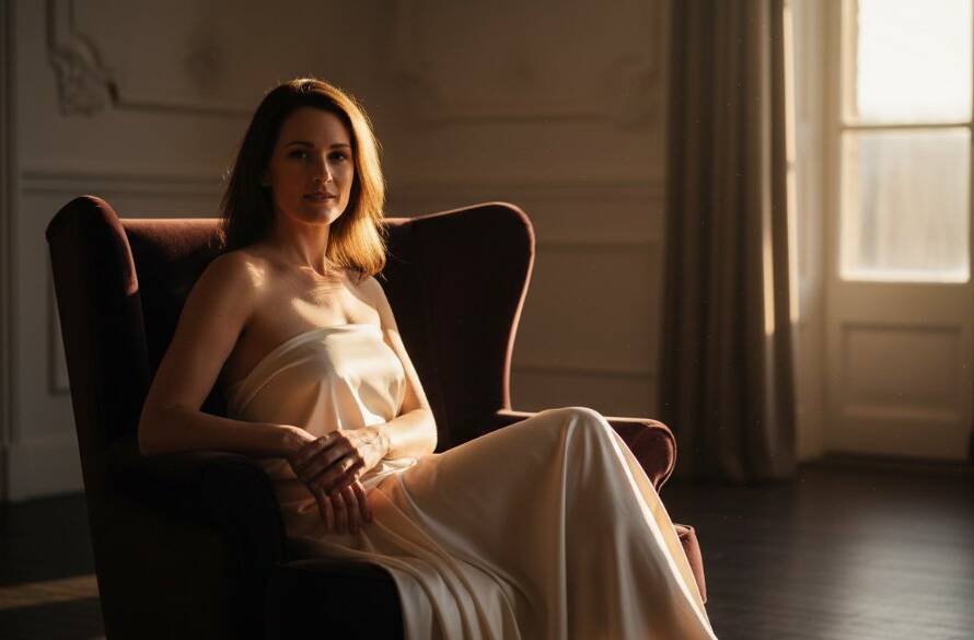 A striking, cinematic portrait of a confident woman gracefully draped in soft fabric, bathed in dramatic, golden hour light filtering through a window in a sophisticated Bayswater studio, embodying the empowering boudoir photography Bayswater VIC experience.