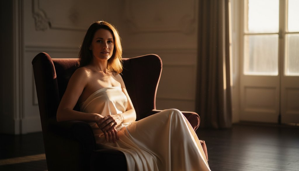 A striking, cinematic portrait of a confident woman gracefully draped in soft fabric, bathed in dramatic, golden hour light filtering through a window in a sophisticated Bayswater studio, embodying the empowering boudoir photography Bayswater VIC experience.