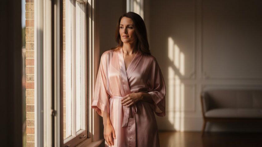 A stunning, cinematic 'epic moment' photograph capturing a woman in an elegant, flowing silk robe, dramatically backlit by soft, diffused light streaming through a window in a chic Belmont, Victoria studio, embodying the essence of empowering boudoir photography in Belmont Victoria. Her profile is strong, confident, and serene, with a beautiful play of light and shadow accentuating her form, professionally color-graded with warm, inviting tones.