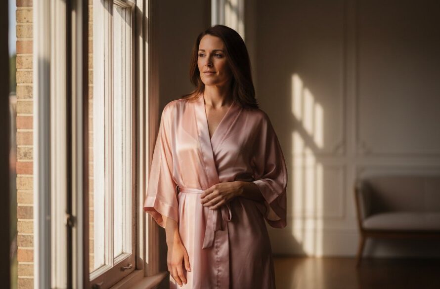 A stunning, cinematic 'epic moment' photograph capturing a woman in an elegant, flowing silk robe, dramatically backlit by soft, diffused light streaming through a window in a chic Belmont, Victoria studio, embodying the essence of empowering boudoir photography in Belmont Victoria. Her profile is strong, confident, and serene, with a beautiful play of light and shadow accentuating her form, professionally color-graded with warm, inviting tones.