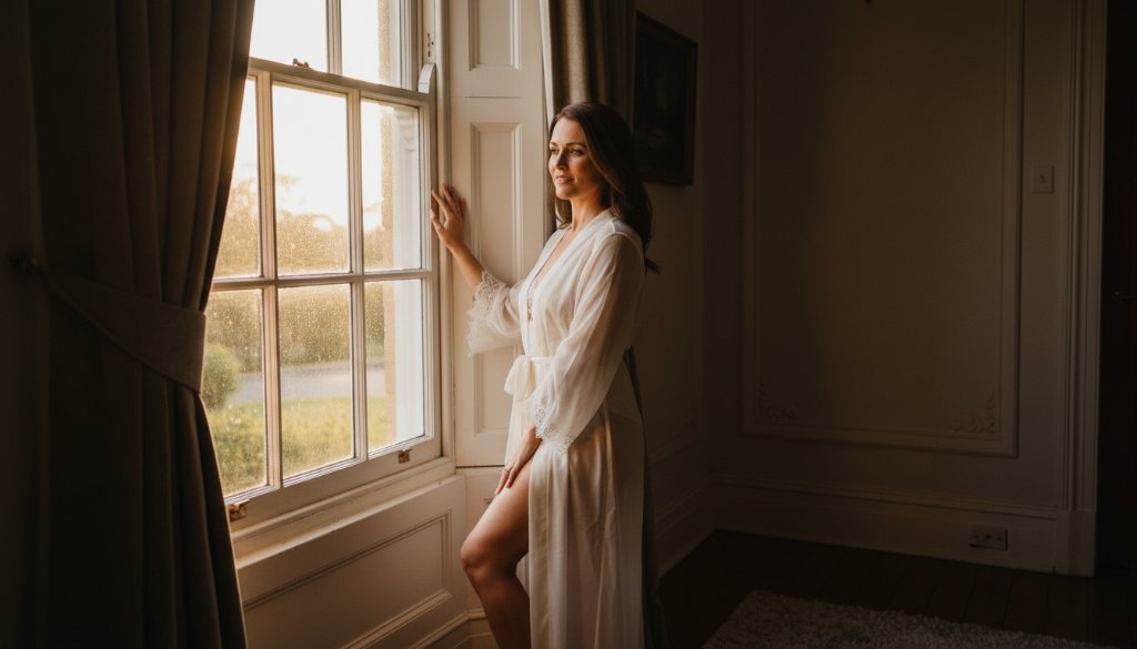 A stunning, dramatically lit, and professionally colour-graded 'epic moment' photograph from an empowering boudoir photography Castlemaine session, featuring a woman gracefully posed by a sun-drenched window in a historic Castlemaine home, exuding confidence and inner radiance.