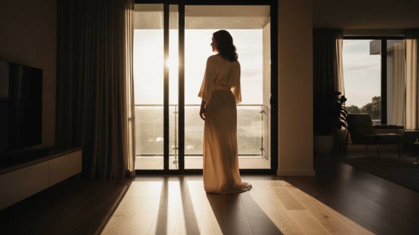 A stunning close-up of a woman's silhouette against soft morning light in a luxurious boudoir setting, capturing an empowering boudoir photography Clyde North moment of serene confidence and beauty.