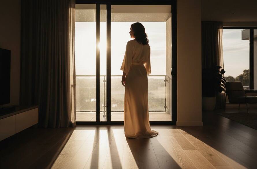 A stunning close-up of a woman's silhouette against soft morning light in a luxurious boudoir setting, capturing an empowering boudoir photography Clyde North moment of serene confidence and beauty.