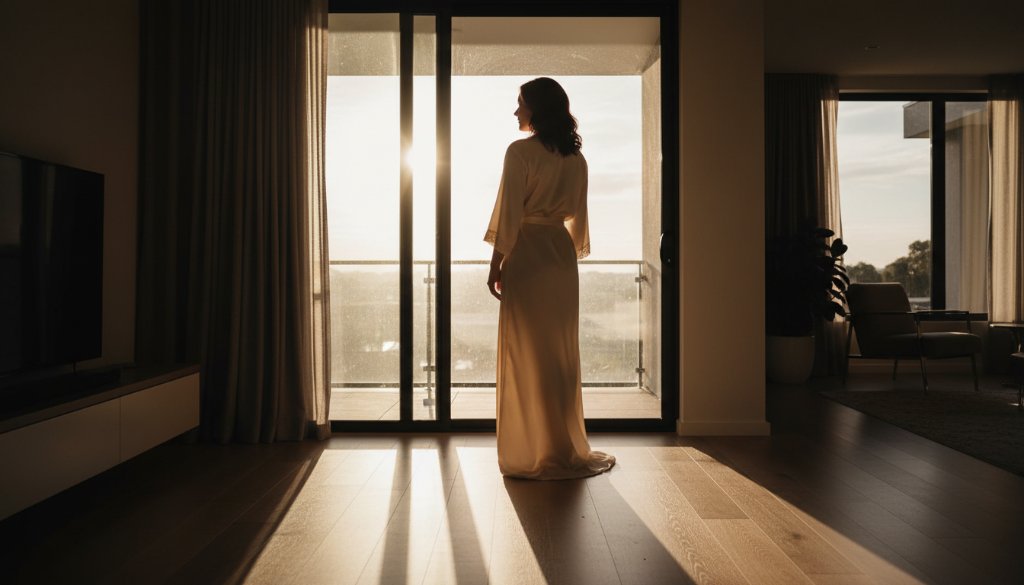 A stunning close-up of a woman's silhouette against soft morning light in a luxurious boudoir setting, capturing an empowering boudoir photography Clyde North moment of serene confidence and beauty.