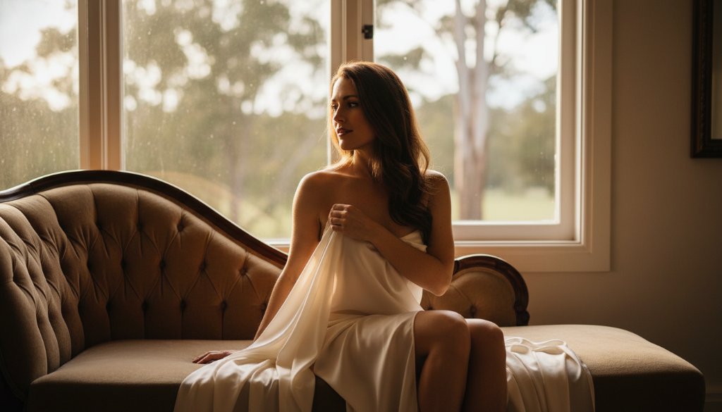 An epic moment captured during an empowering boudoir photography Croydon Hills for self-celebration session, featuring a woman draped in soft fabric, silhouetted by the golden hour light streaming through a window in a sophisticated Croydon Hills home, conveying strength and serene beauty.