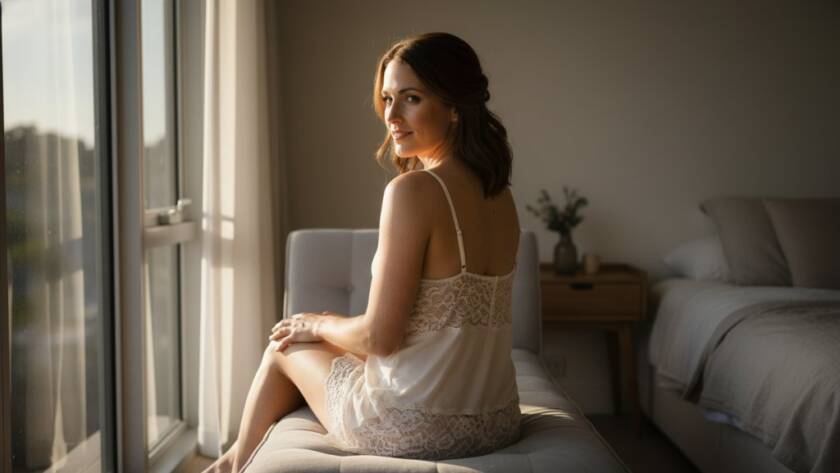 An intimate and empowering boudoir photography session in Croydon South Victoria, featuring a woman softly backlit near a window, captured in an epic moment of serene confidence and beauty, with delicate natural light highlighting her form.