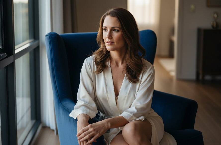 A stunning, low-light portrait from an empowering boudoir photography Doncaster East Vic session, featuring a woman softly illuminated by golden hour light streaming through a window, captured in an elegant, reflective pose that highlights her strength and serene beauty.