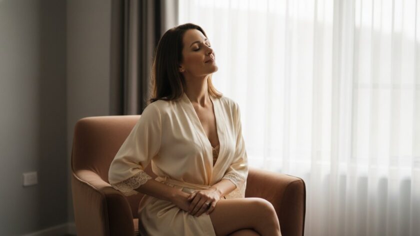 A stunning, dramatically lit portrait from an empowering boudoir photography experience in Delacombe, Victoria, showcasing a woman's confident and serene expression against a soft, textured backdrop, professionally colour-graded.