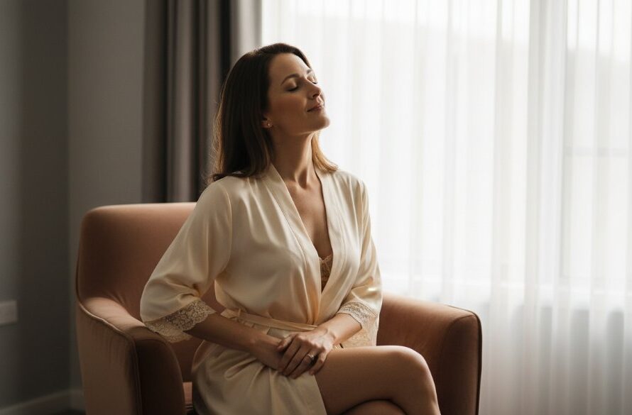 A stunning, dramatically lit portrait from an empowering boudoir photography experience in Delacombe, Victoria, showcasing a woman's confident and serene expression against a soft, textured backdrop, professionally colour-graded.